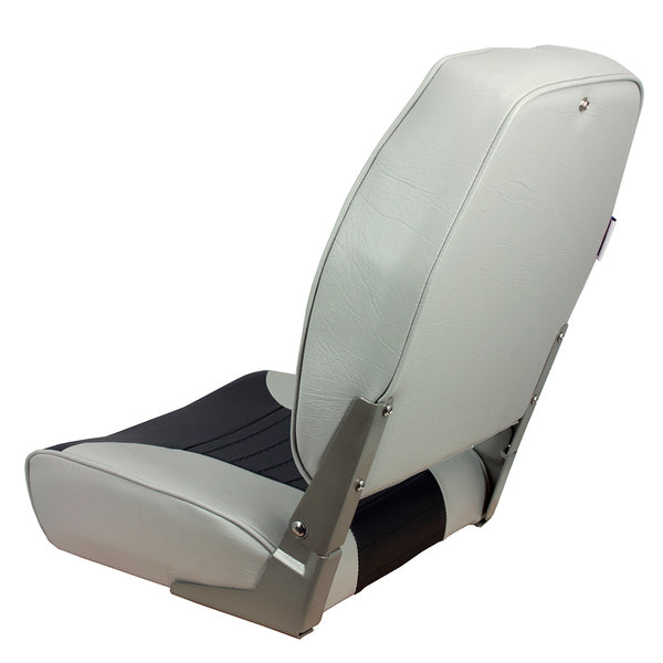 A durable and heavy-duty Springfield High Back Multi-Color Folding Seat - Grey/Charcoal with black trim.