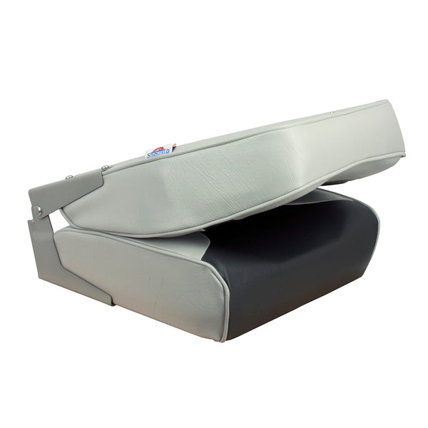 A durable and heavy-duty Springfield High Back Multi-Color Folding Seat - Grey/Charcoal with black trim.