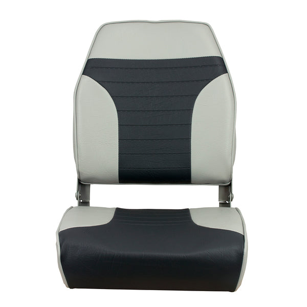 A durable and heavy-duty Springfield High Back Multi-Color Folding Seat - Grey/Charcoal with black trim.