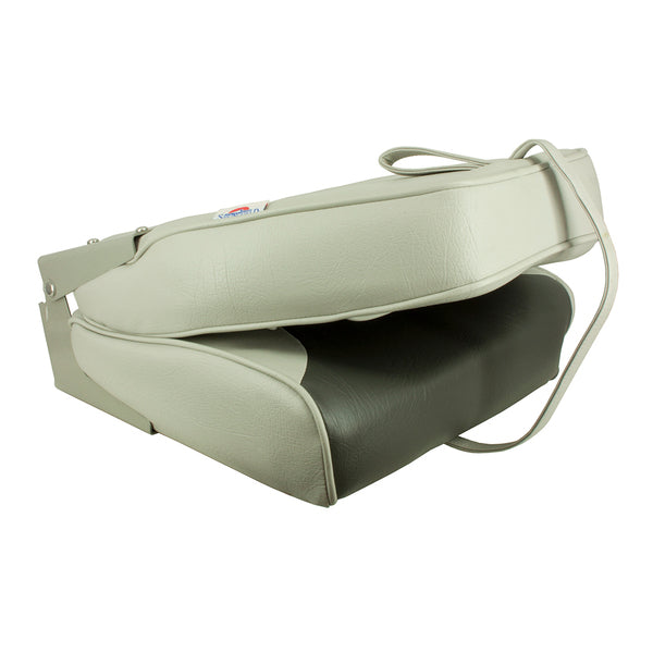 A durable and heavy-duty Springfield High Back Multi-Color Folding Seat - Grey/Charcoal with black trim.
