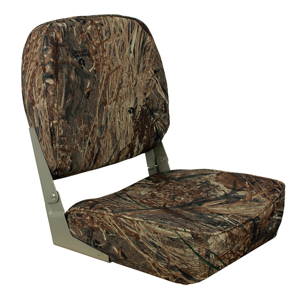 An Springfield Economy Folding Seat - Mossy Oak Duck Blind with a camouflage seat cover.