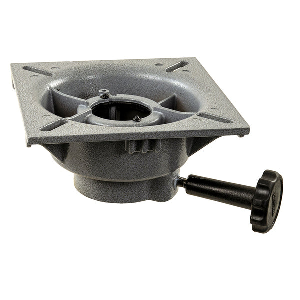 A Springfield Taper-Lock Trac-Lock 2-3/8" Non-Locking Seat Mount square metal base with a black handle.
