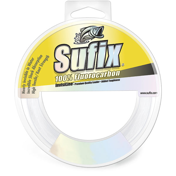 Sufix 100% Fluorocarbon Invisiline Leader - 80lb - 110yds, an ultra-low visibility fluorocarbon fishing line, in a package.