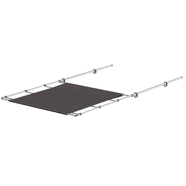 A ladder with a SureShade PTX Power Shade - 57" Wide - Stainless Steel - Grey attached to it.