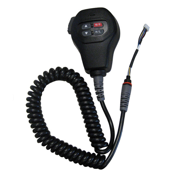 A black coiled cord connected to a Standard Horizon Replacement Mic f/GX1200, GX1600 & GX1700 - Black radio.