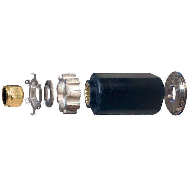 A black plastic hose connector with a brass nut, like the Turning Point Hub Kit #801F.