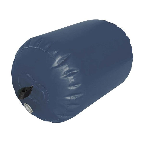 A Navy rolled up dry bag on a white background.