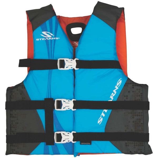 A Stearns Antimicrobial Nylon Vest Life Jacket - 30-50lbs - Blue on a white background.