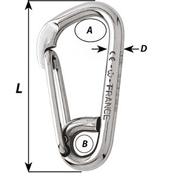 An Wichard Asymmetric Carbine Hook - Length 120mm - 15/32" on a white background, suitable for fastening applications.
