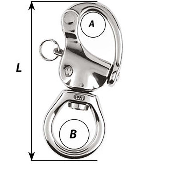 A stainless steel ring with a Wichard HR Snap Shackle - Large Bail - Length 105mm.