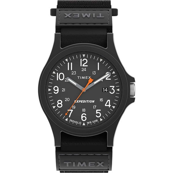 An Timex expedition acadia watch with a brown strap on a white background.