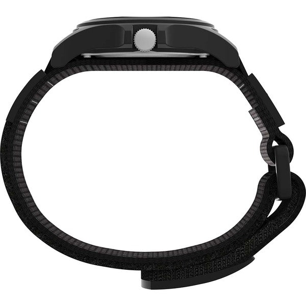 An Timex expedition acadia watch with a brown strap on a white background.