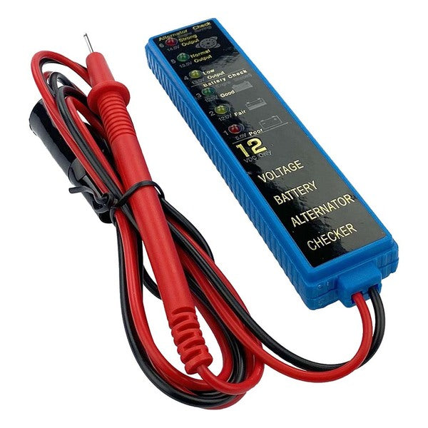 A T-H Marine LED Battery Tester with a red and blue wire.