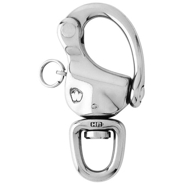A stainless steel carabiner with a Wichard 2-3/4" Snap Shackle w/Swivel &amp; Clevis Pin - 70mm on a white background.