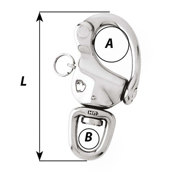 A stainless steel carabiner with a Wichard 2-3/4" Snap Shackle w/Swivel &amp; Clevis Pin - 70mm on a white background.