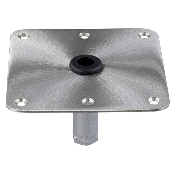A Springfield KingPin 7" x 7" Stainless Steel Square Base (Threaded) with a black hole on it.
