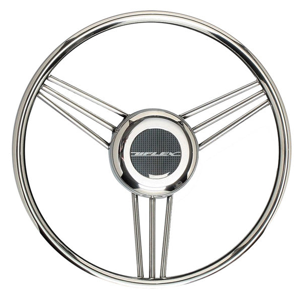 A Uflex V27 13.8" Steering Wheel with stainless steel grip and spokes on a white background.