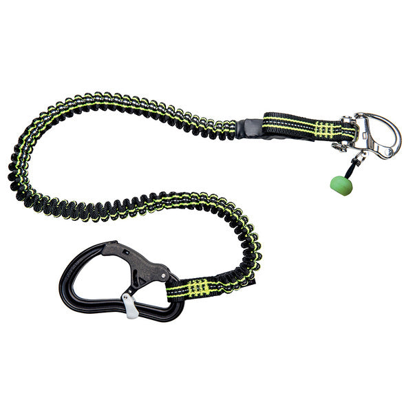 A black and green Wichard U.S. Sailing Offshore Single Tether - 6' with a carabiner attached to it, featuring an elastic webbing.