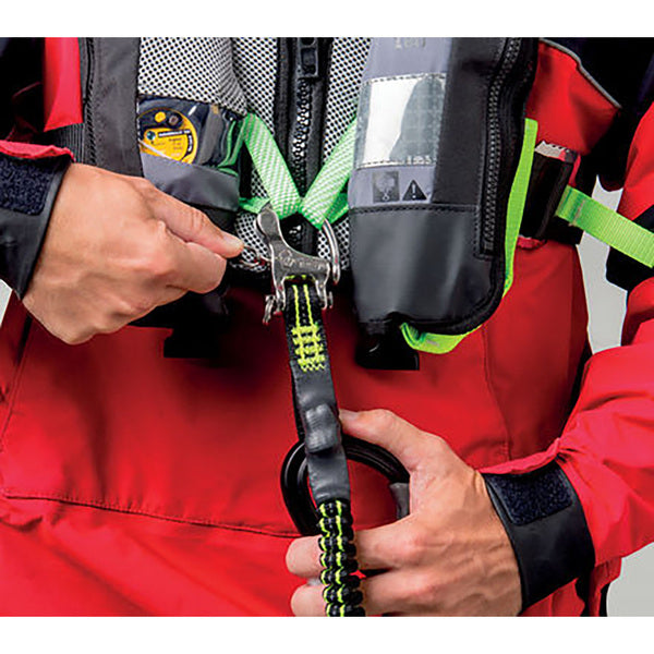 A black and green Wichard U.S. Sailing Offshore Single Tether - 6' with a carabiner attached to it, featuring an elastic webbing.