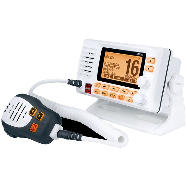 An Uniden UM725 Fixed Mount Marine VHF Radio - White with a microphone attached to it.
