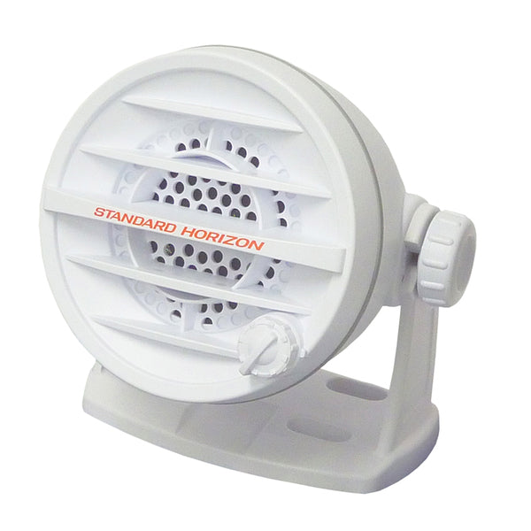 An image of a Standard Horizon 10W Amplified External Speaker - White on a stand.