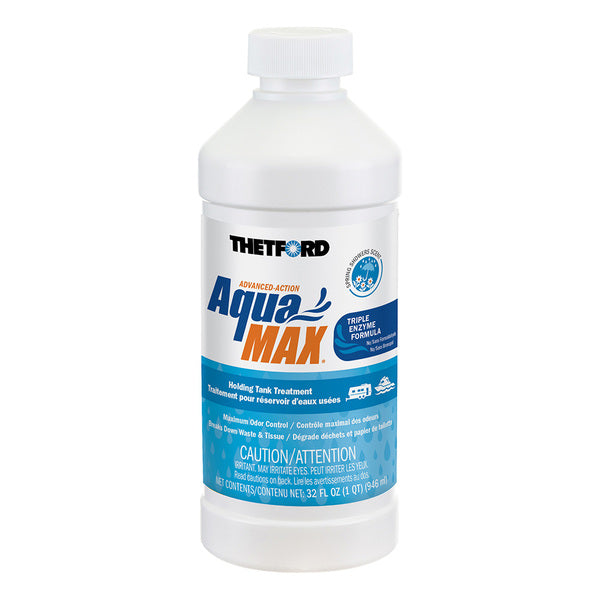 A bottle of Thetford AquaMax Holding Tank Treatment - 32oz - Spring Shower Scent on a white background.