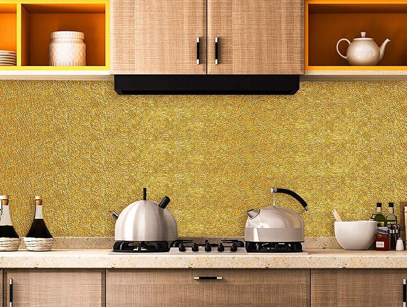 15.7"X118" Gold Texture Contact Paper Kitchen Oil Proof Wallpaper Peel and Stick Contact Paper Self Adhesive Aluminum Foil Waterproof Wallpaper for Kitchen Countertop Cabinet Drawer Liner Shelf Liner