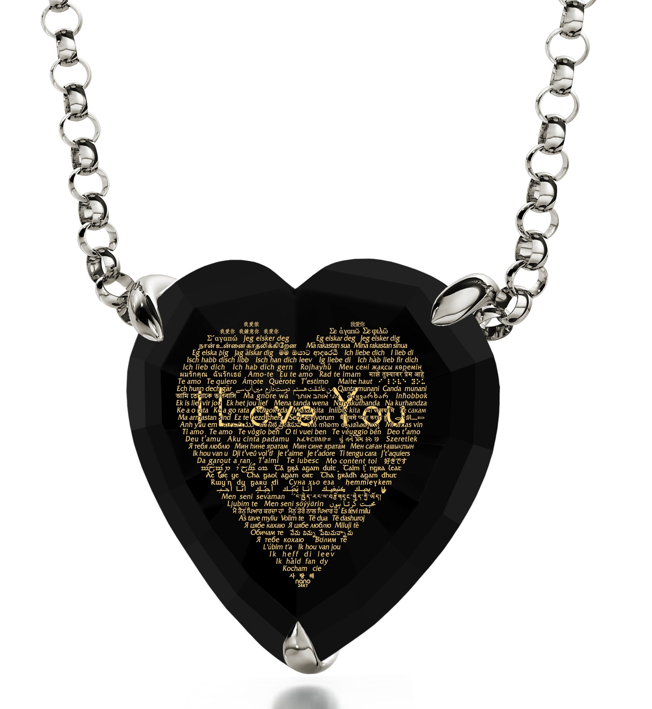 A large, shiny red 925 Sterling Silver Heart Necklace with two metallic chains linked through its top, overlaid with I Love You in 120 Languages in a reflective script.