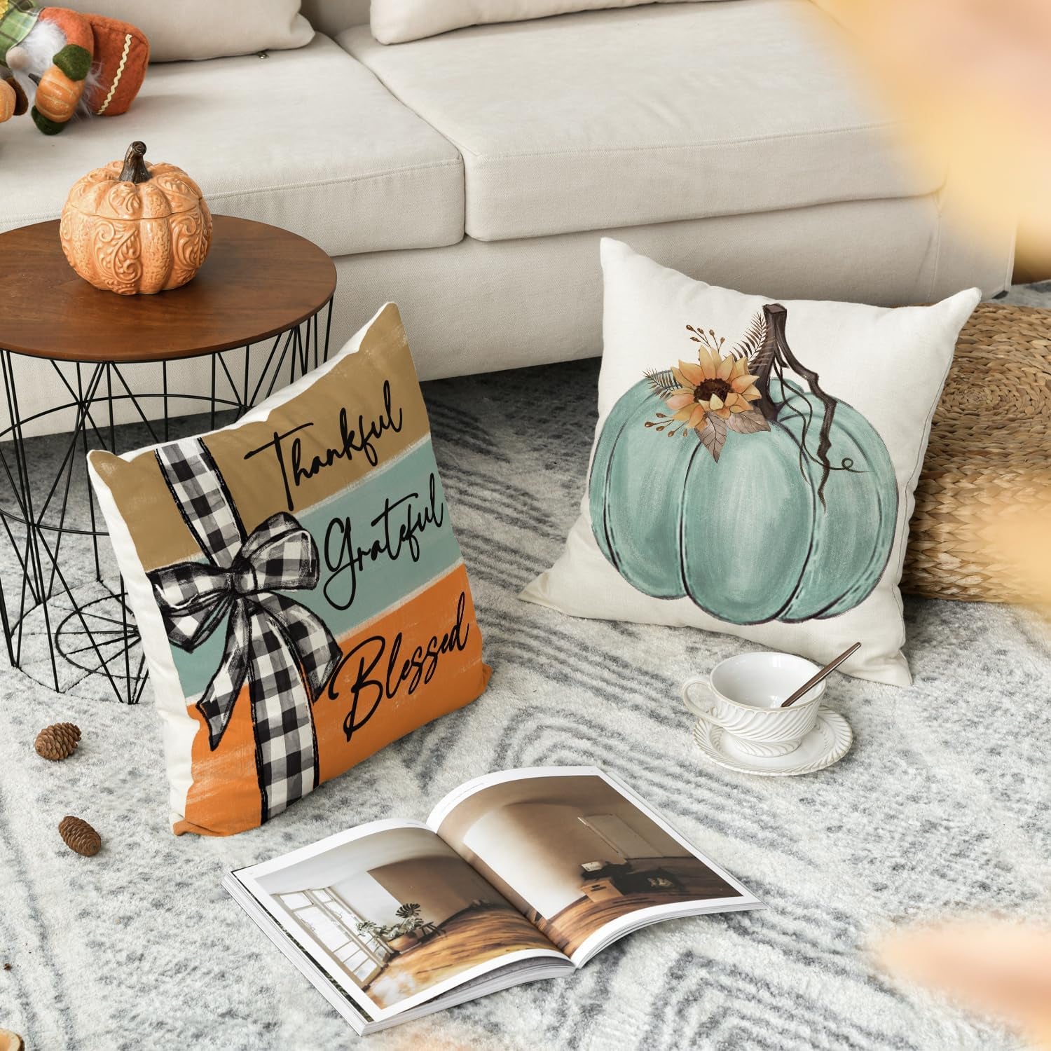 Fall Pumpkin Home Sweet Home Throw Pillow Covers, 18 X 18 Inch Autumn Thankful Grateful Blessed Harvest Floral Decorations for Sofa Couch Set of 4