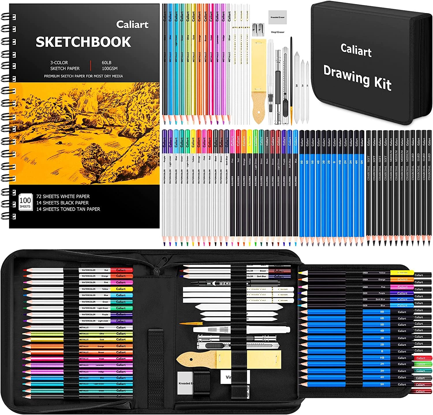 Drawing Supplies, Art Set Sketching Kit with 100 Sheets 3-Color Sketch Book, Graphite Colored Charcoal Watercolor & Metallic Pencils, Gifts for Artists Adults Teens Kids, 176PCS