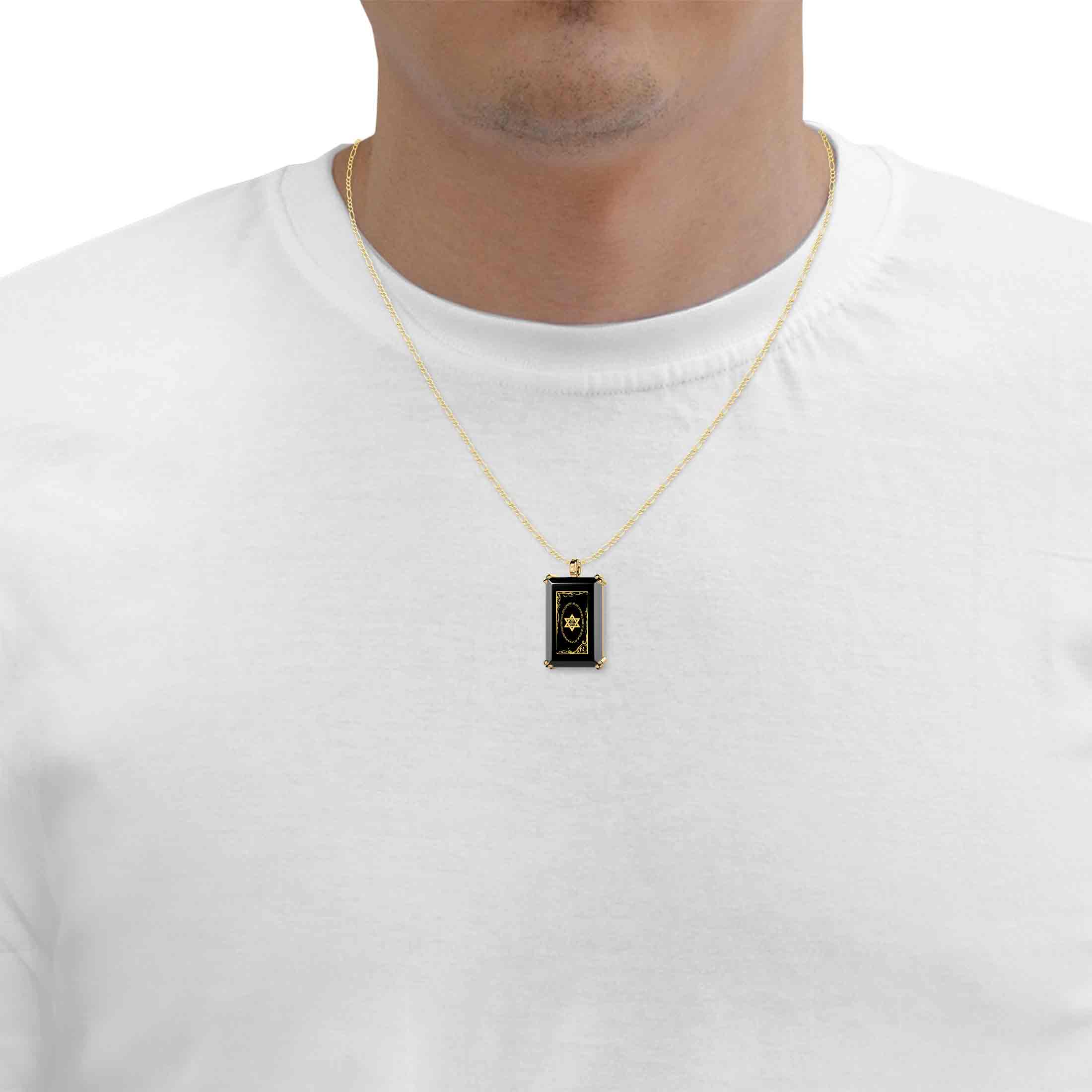A Men's Star of David Necklace Shema Israel Pendant 24k Gold Inscribed on Onyx with ornate golden patterns.
