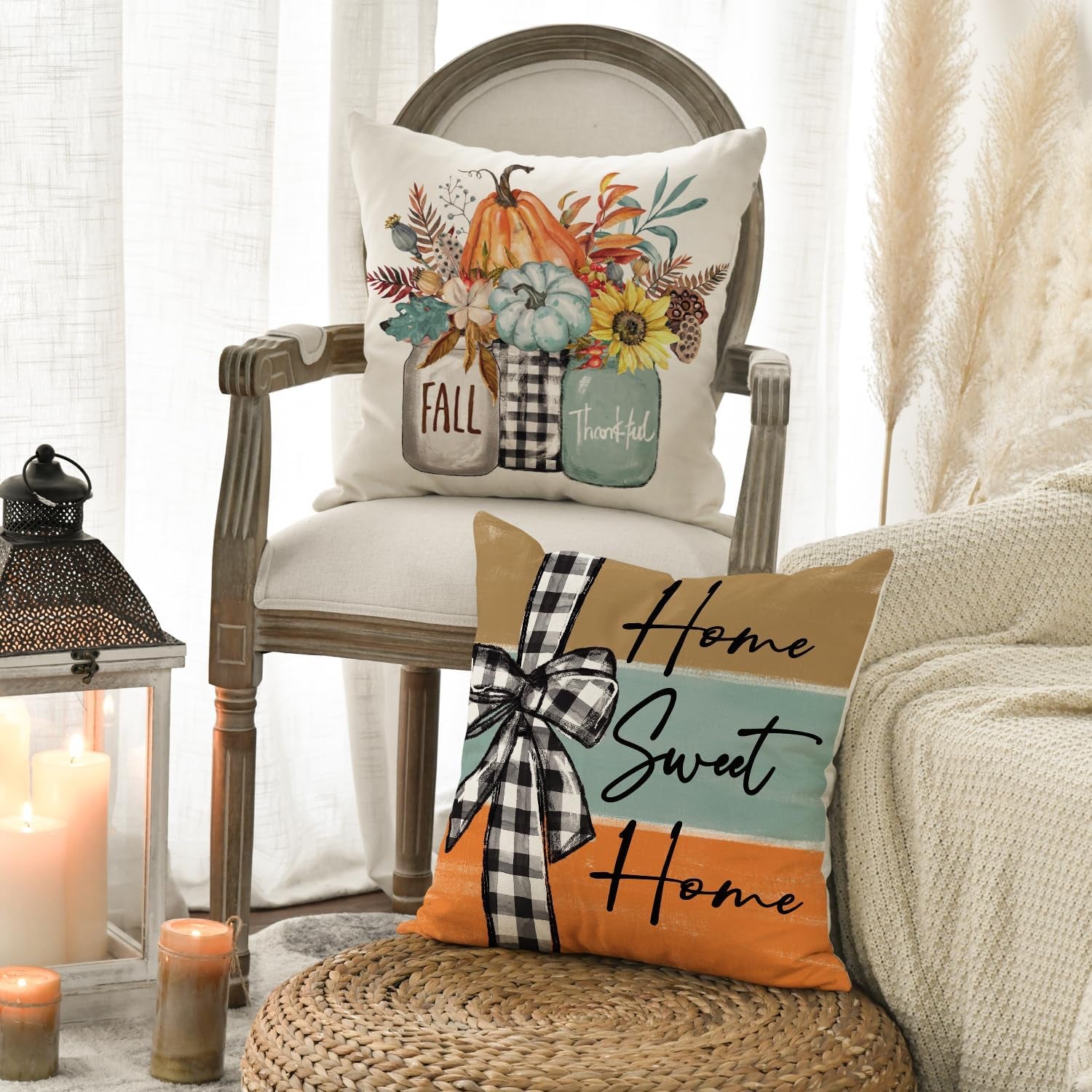 Fall Pumpkin Home Sweet Home Throw Pillow Covers, 18 X 18 Inch Autumn Thankful Grateful Blessed Harvest Floral Decorations for Sofa Couch Set of 4