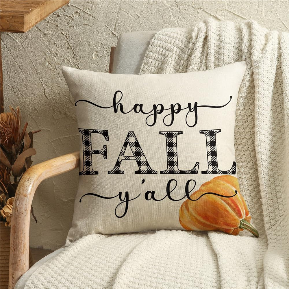 Fall Pillow Covers 18×18 Set of 4 Fall Decorations Autumn Pillow Covers Buffalo Plaid Pumpkin Pillow Covers Holiday Rustic Linen Fall Pillow Case for Sofa Couch