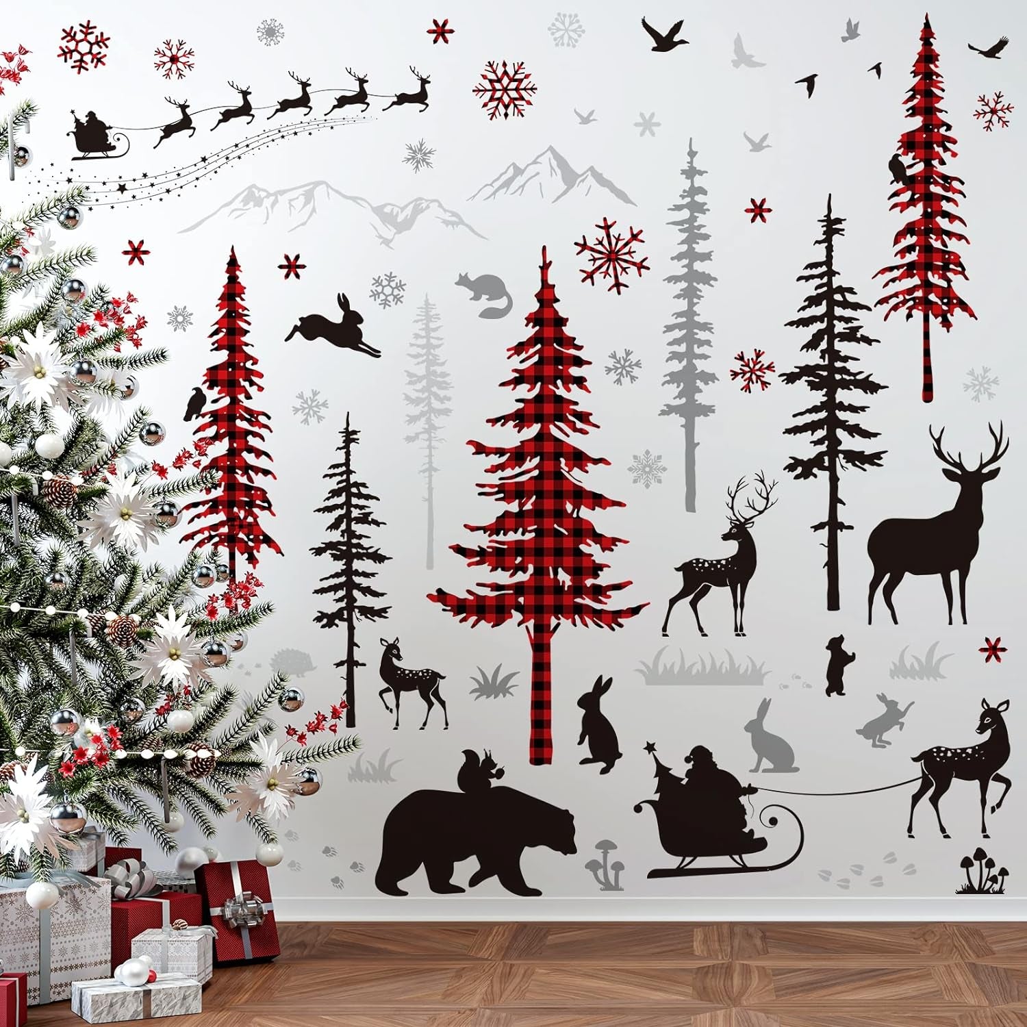 Christmas Wall Stickers Roll Red Black Plaid Xmas Tree Wall Floor Decor Forests Animals Prints Waterproof Art Wallpaper Winter Scenes Double Side Window Decals for Xmas DIY Home Party Decor