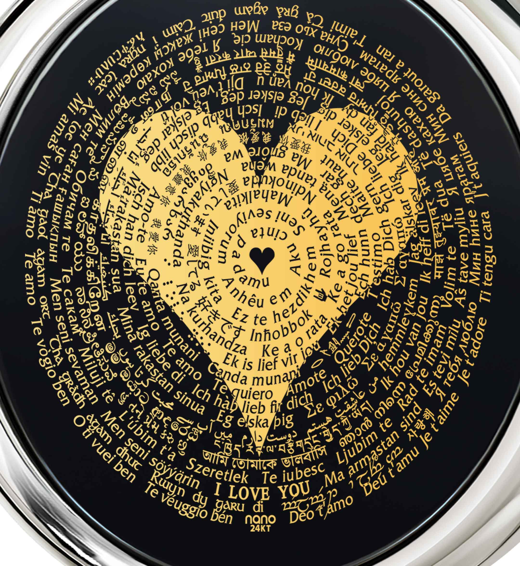 A decorative I Love You Necklace in 120 Languages featuring a spiral of "i love you" in various languages, centered around a black heart.