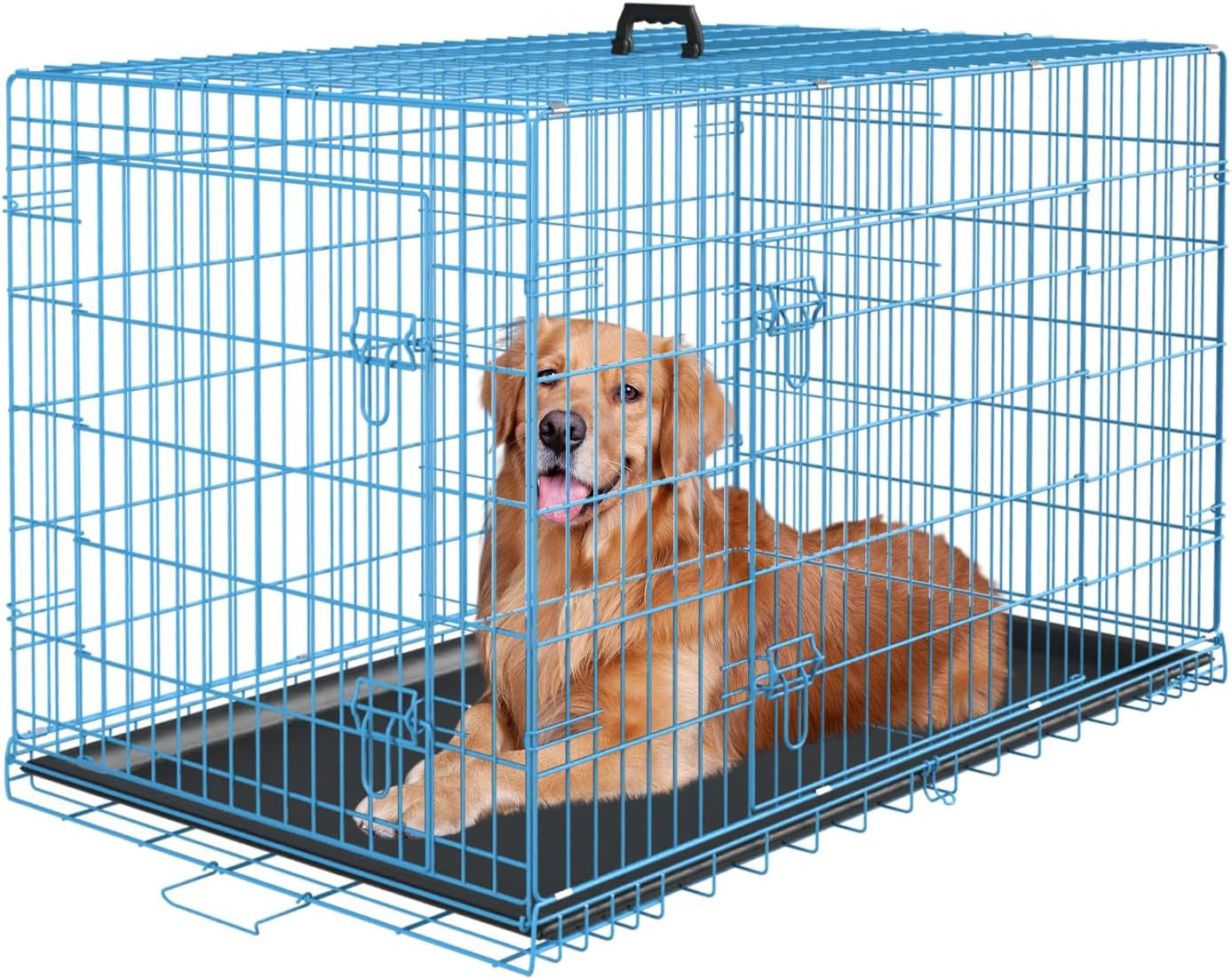 Large Dog Crate Kennel for Medium Large Dogs Metal Dog Cage Double-Door Folding Travel Indoor Outdoor Puppy Playpen with Divider and Handle Plastic Tray (42 Inch, Black)