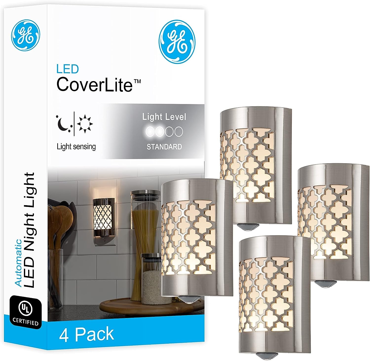 GE Coverlite LED Night Light, Decorative, Plug-In, Smart Dusk-To-Dawn Sensor, Home Décor, Ideal for Bedroom, Bathroom, Kitchen, Hallway, 2 Pack, 46815, Brushed Nickel | Moroccan