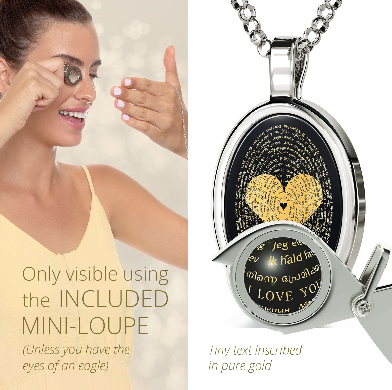 Circular artwork with "i love you" written in multiple languages forming a heart shape, set against a black background and enclosed in an I Love You Necklace Onyx Pendant 24k Gold Inscribed in 120 Languages.