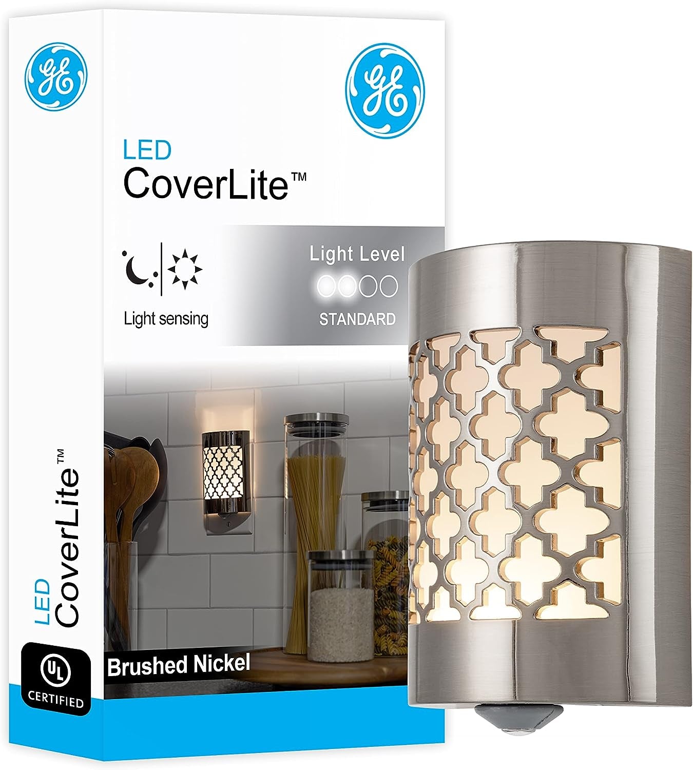 GE Coverlite LED Night Light, Decorative, Plug-In, Smart Dusk-To-Dawn Sensor, Home Décor, Ideal for Bedroom, Bathroom, Kitchen, Hallway, 2 Pack, 46815, Brushed Nickel | Moroccan