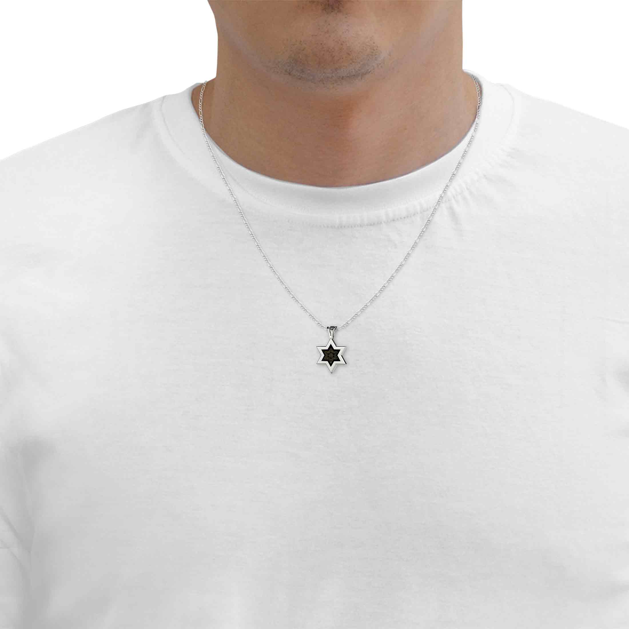 An artistic rendering of a Men's Star of David Necklace Ana Bekoach Kabbalah Pendant with the Ana Bekoach prayer inscribed within its center, enclosed by overlapping white stars on a black background.