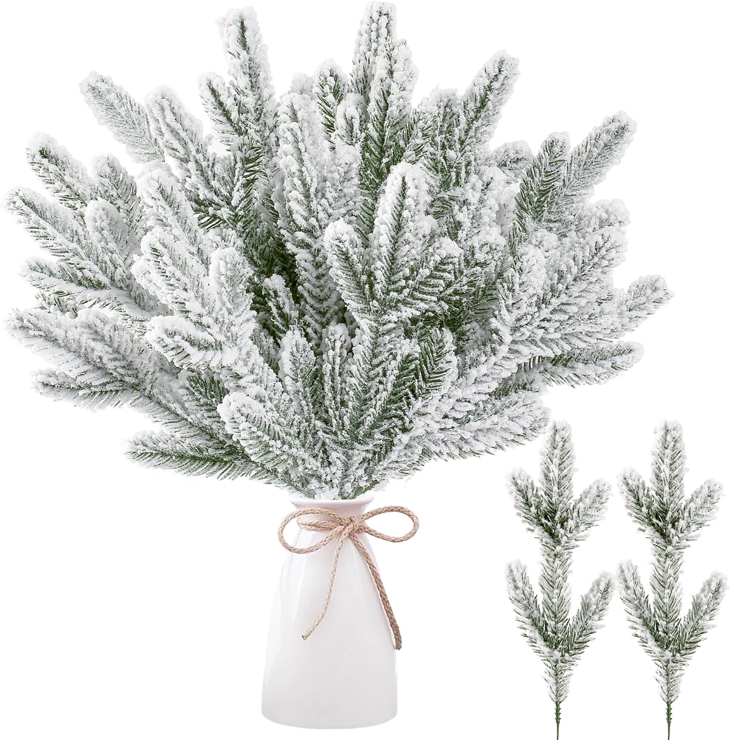 30 Pcs Snow Frosted Artificial Pine Branches Christmas Snowy Pine Needles Fake Greenery Pine Spray Picks for DIY Crafts Garland Wreath Xmas Embellishing Home Holiday Decoration