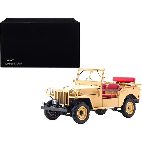 A Toyota Land Cruiser BJ RHD (Right Hand Drive) Beige 1/18 Diecast Model Car by Kyosho is shown next to a box.