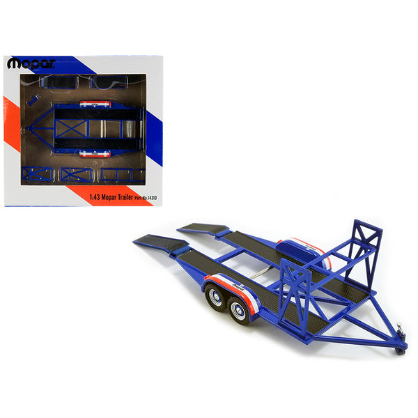 A Tandem Car Trailer with Tire Rack Blue "Mopar" for 1/43 Scale Model Cars by GMP trailer with a blue and white box.