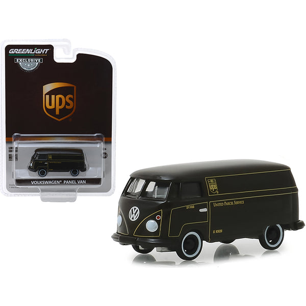 A black Volkswagen Panel Van Dark Brown "United Parcel Service" (UPS) "Hobby Exclusive" 1/64 Diecast Model Car by Greenlight in front of a package.