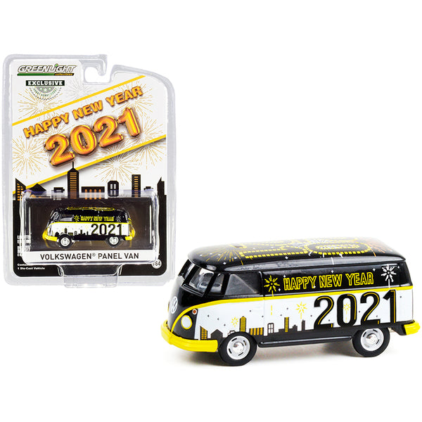 A Volkswagen Panel Van "Happy New Year 2021" "Hobby Exclusive" 1/64 Diecast Model by Greenlight with a new year's eve sticker on it.