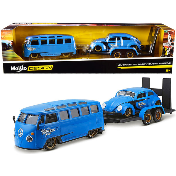 A blue Volkswagen Van Samba with a trailer in a box.
