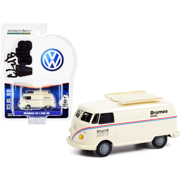 A Volkswagen Type 2 Panel Van "Brumos Racing" Cream with Red and Blue Stripes "Club Vee V-Dub" Series 13 1/64 Diecast Model Car by Greenlight with a white box.