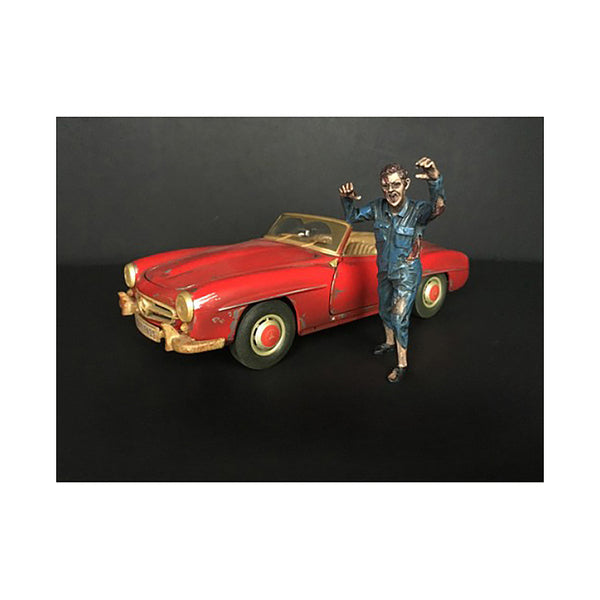 A Zombie Mechanic Figurine II for 1/18 Scale Models by American Diorama with a man standing next to it.