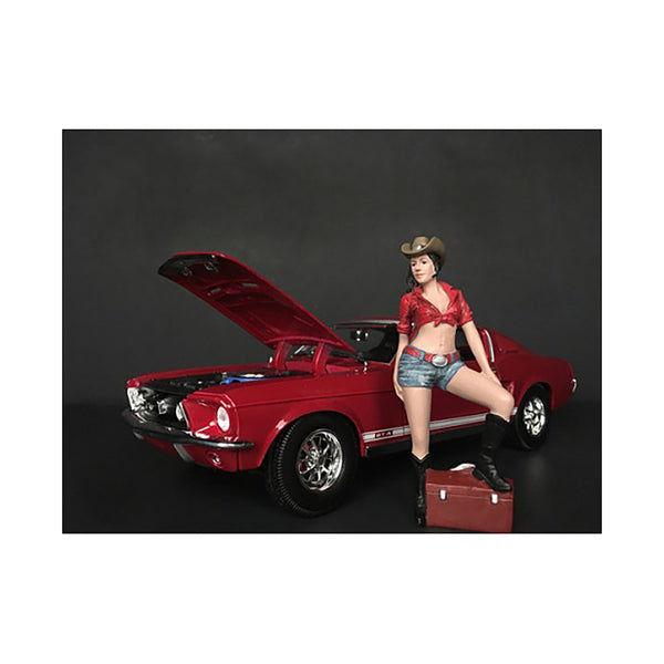 A woman is posing next to The Western Style Figurine III for 1/18 Scale Models by American Diorama.