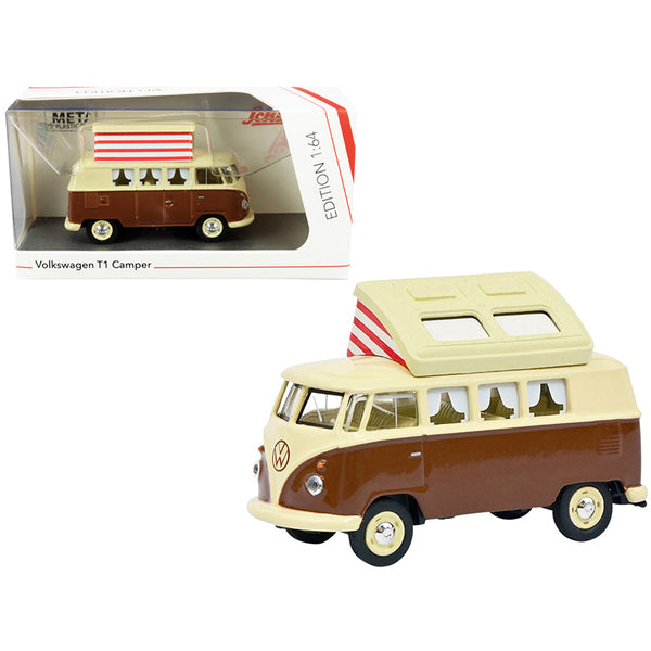A Volkswagen T1 Camper Bus with Pop-Top Roof Brown and Cream 1/64 Diecast Model by Schuco in a box.